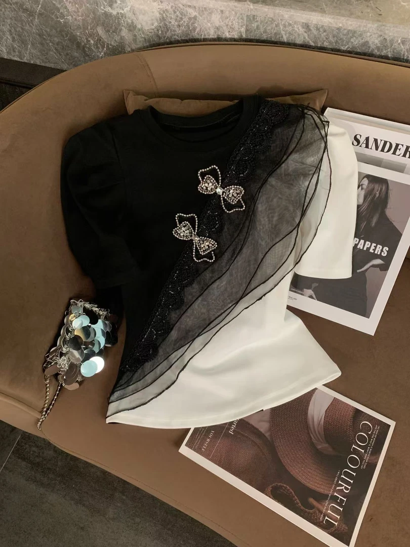 ZHOUYI/周一  2025爆款夏季时尚上衣蝴蝶结蕾丝短袖高级感百搭T恤