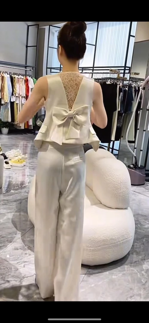 精致感职业通勤两件套2025夏季新款韩版蝴蝶结美背马甲上衣直筒裤
