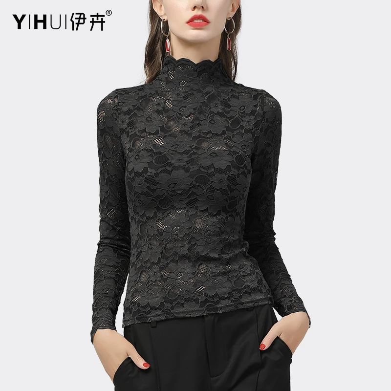 YIHUI伊卉蕾丝衫女打底衫镂空长袖上衣高领小衫性感透视SG16351
