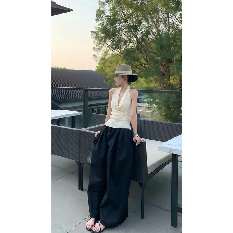 夏季新款老钱风无袖露背荡领挂脖修身上衣百搭宽松休闲裤子两件套