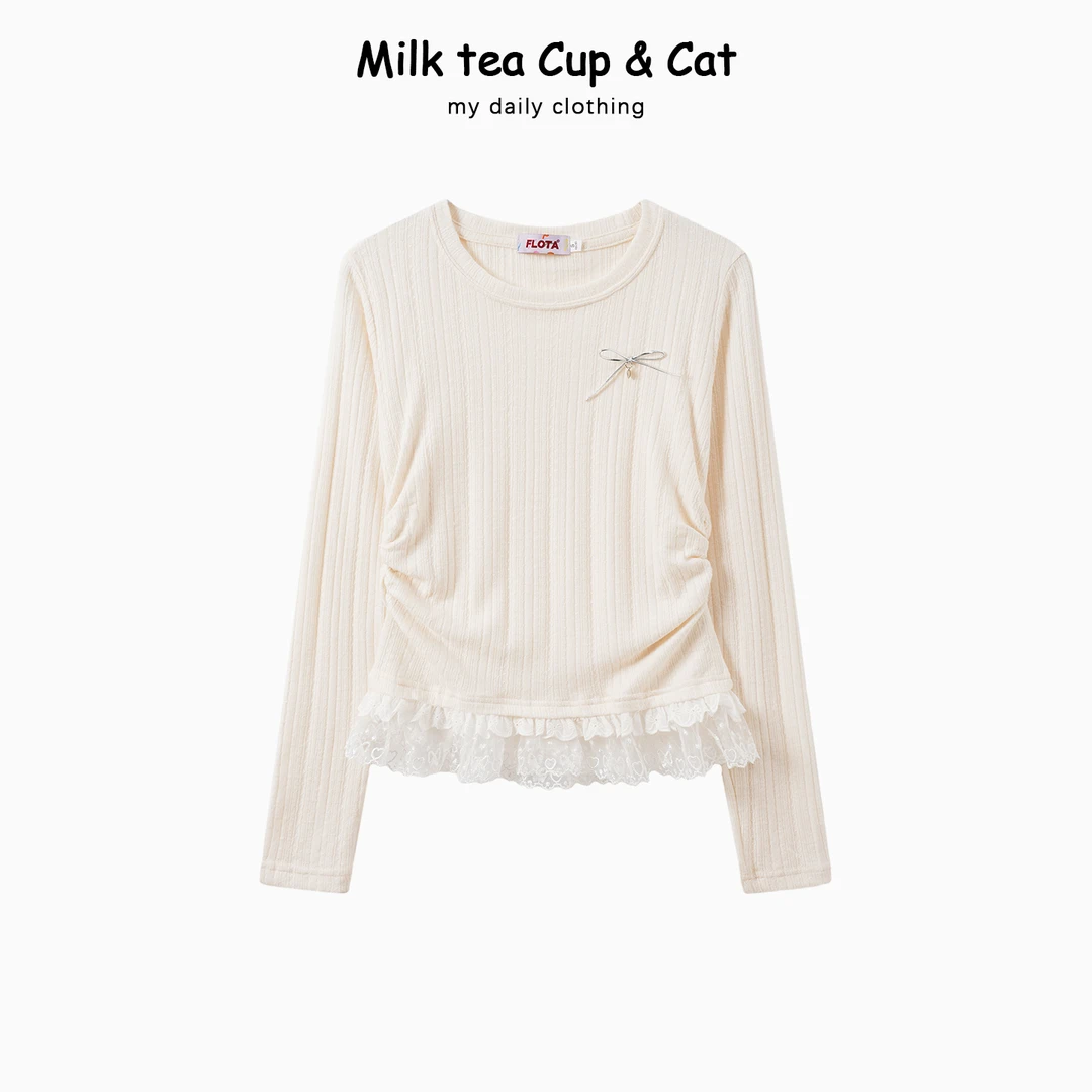 【现货】蕾丝花边针织长袖ins立体爱心蝴蝶结正肩甜美修身内搭上衣