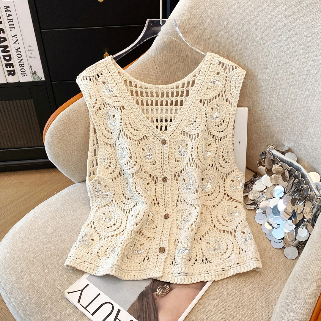 钩花亮片马甲外搭短款无袖镂空披肩百搭马夹女背心开衫外套KS029