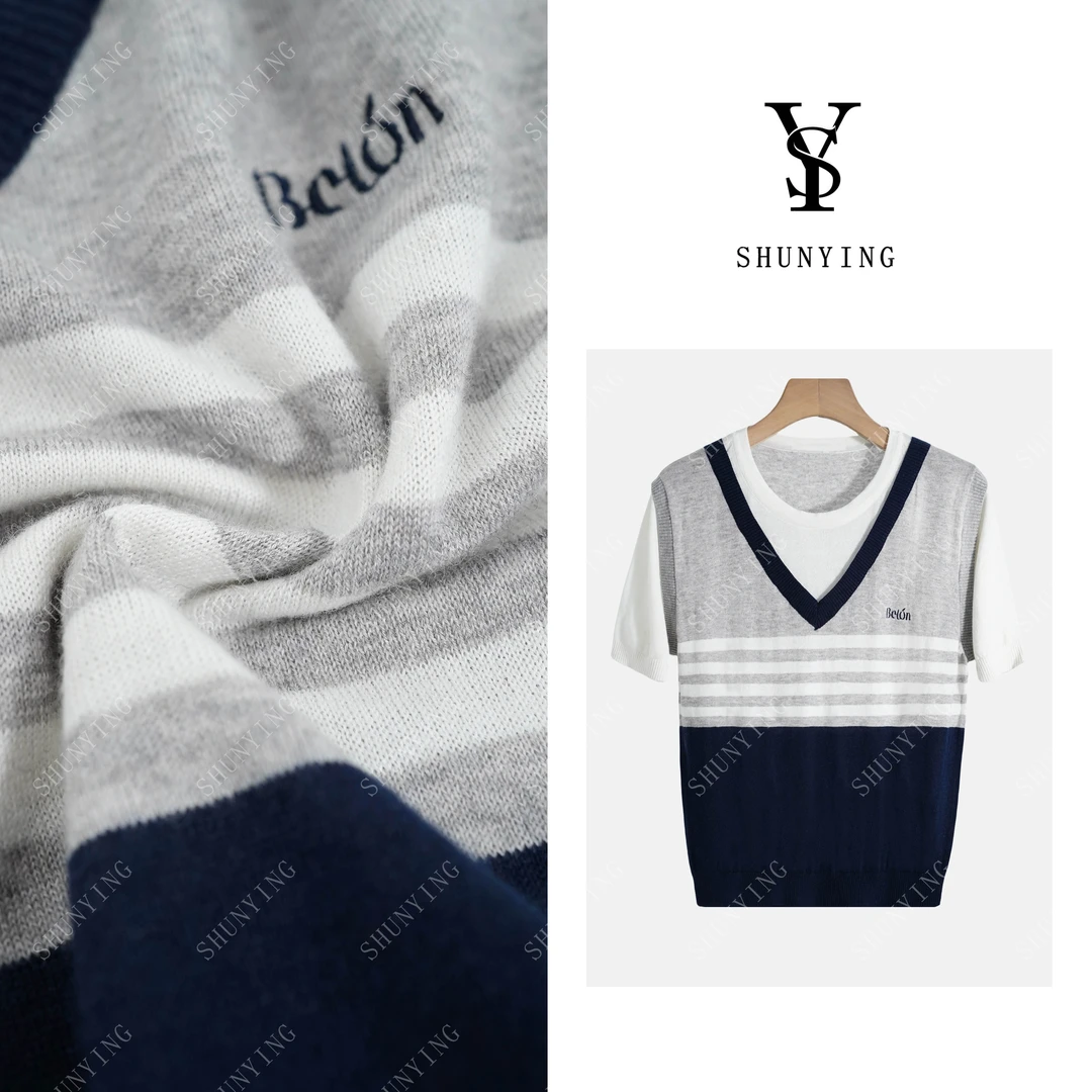 【仟娜】洋气显白~简约学院风撞色V领假两件短袖T恤衫SY72T0260