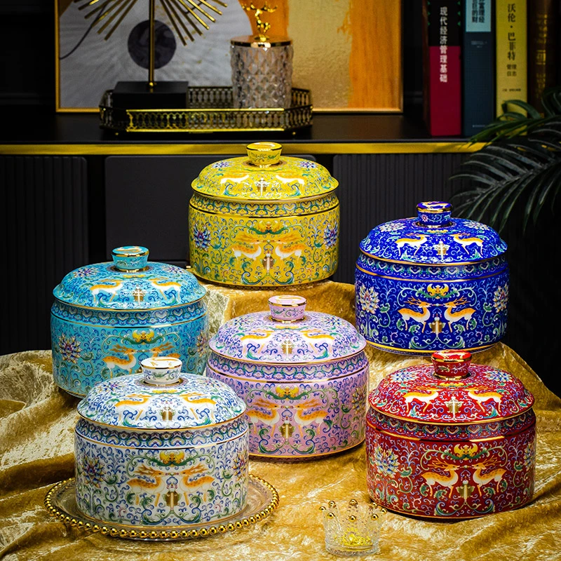【小号】精致富贵鹿茶叶罐（帝王黄）高档家用中式金边白瓷珐琅彩缠枝