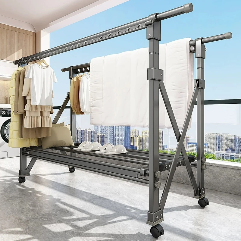 优勤晾衣架阳台家用落地折叠凉衣杆室内伸缩挂衣服架子晒被子神器