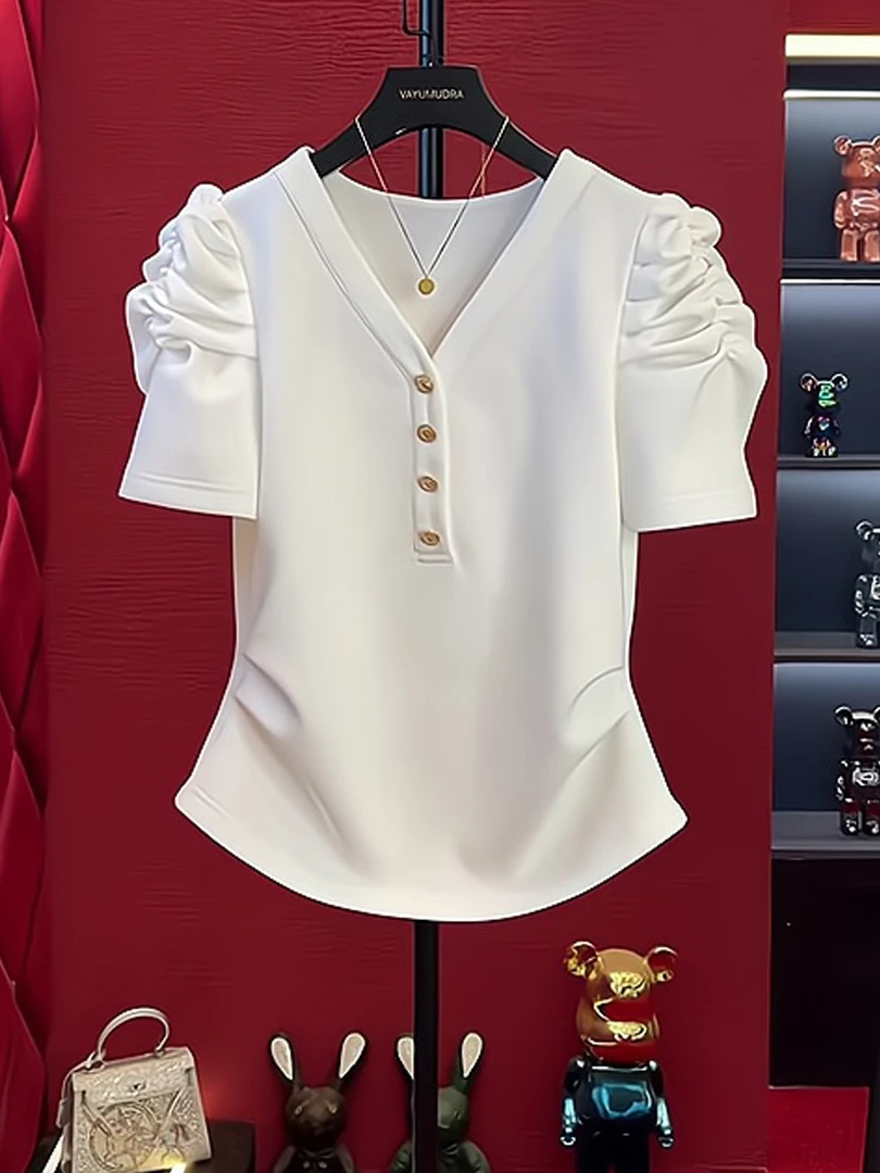 法式气质设计感白色V领短袖T恤女夏季超好看时髦轻奢减龄精致上衣