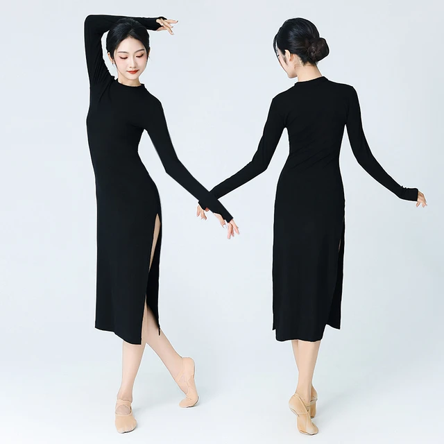 弹力修身现代舞旗袍演出服长裙古典舞练功服黑色开衩连衣裙舞蹈裙