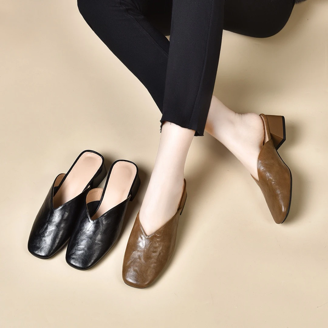 夏季新款方头粗跟包头半拖wx5129