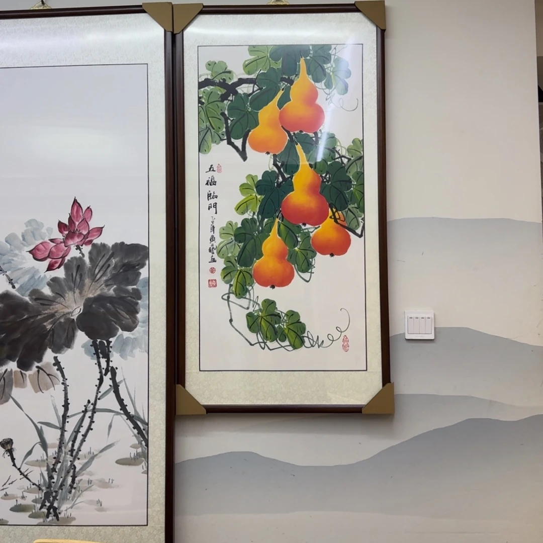 风***淡国画三尺五福临门画框作品