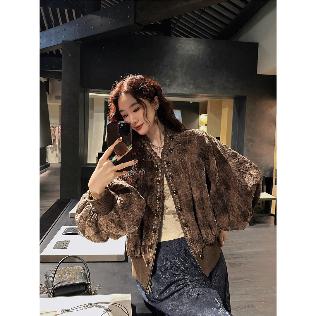 三吉黑花【万物生】新中式香云纱鹅绒羽绒服女冬季灯笼袖国风外套