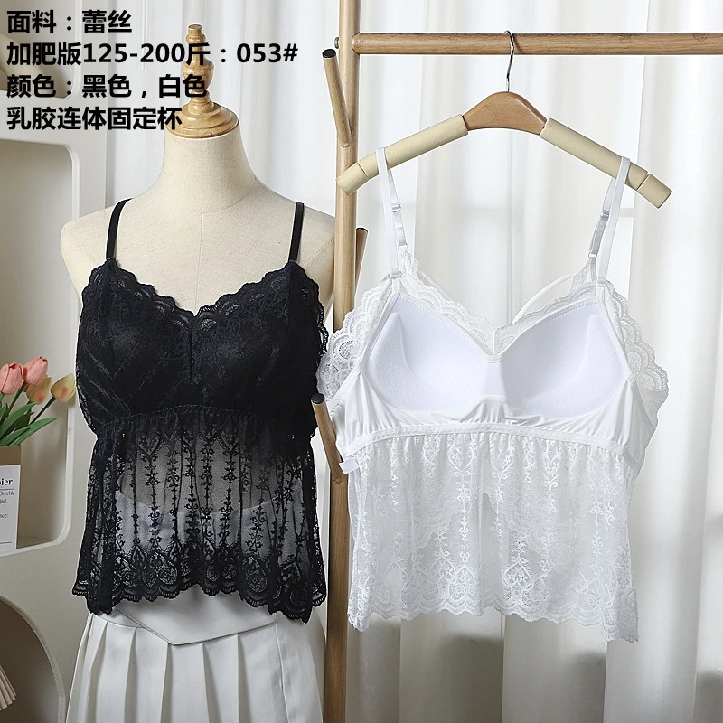 吊带夏天背心女加肥加大带胸垫蕾丝上衣胖MM可穿内衣吊带背心打底