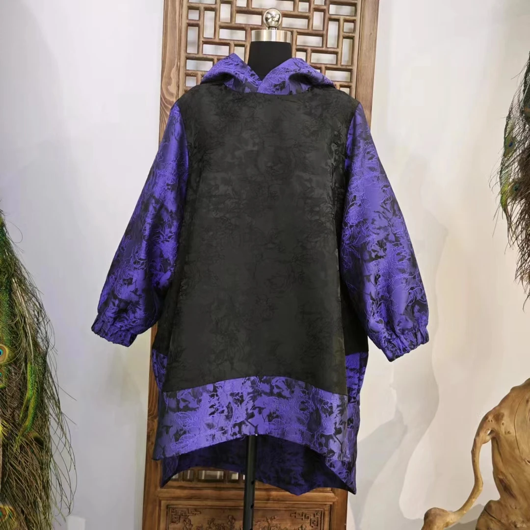 凤来兮私人定制黑紫色提花拼接带帽卫衣LS095-1