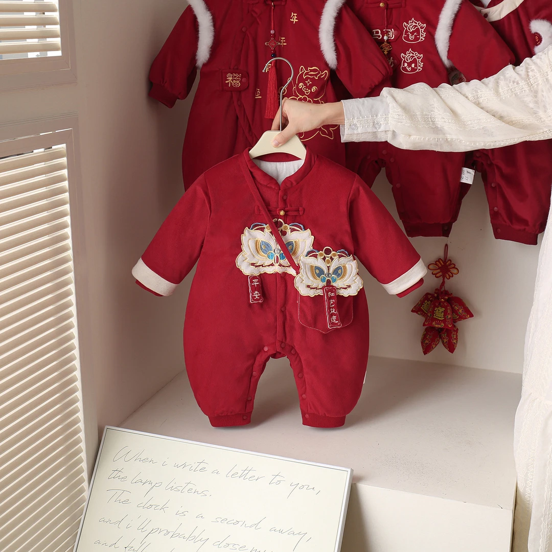 婴儿衣服冬季加棉厚款宝宝连体衣满月抓周岁婴幼儿国风礼服过年服