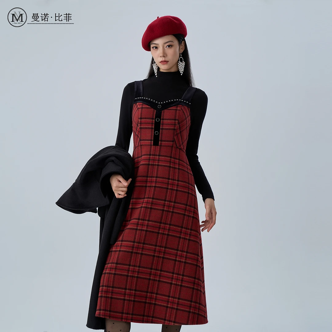 冬季打底衫吊带格子两件套连衣裙MFIL146158