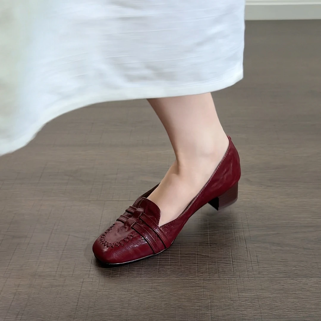 3cm/2661羊皮粗跟方头复古女深口单鞋编织中跟一脚蹬百搭春秋女鞋