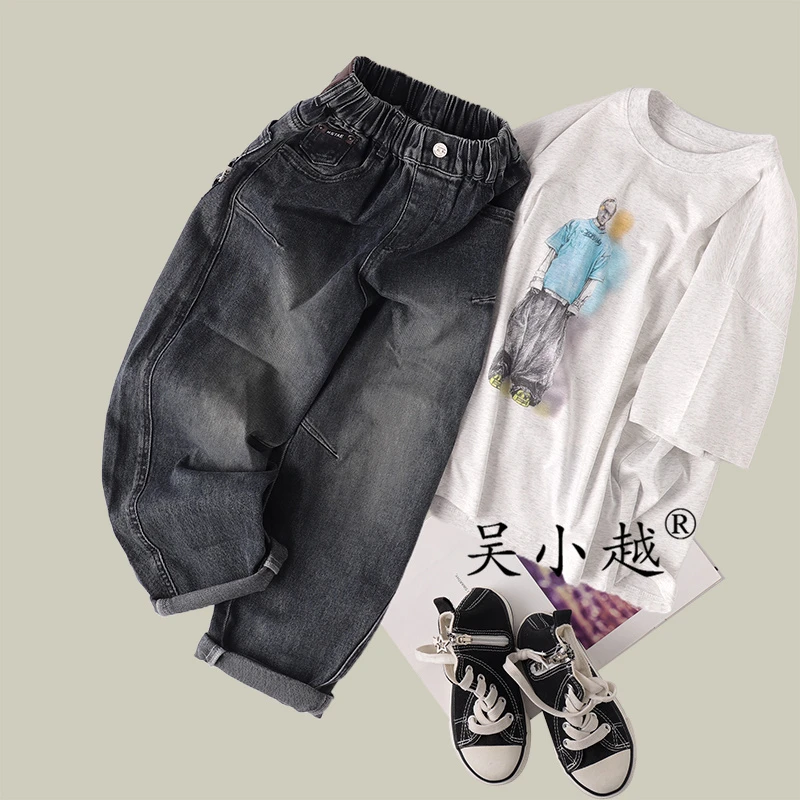 吴小越w1468男童牛仔裤秋款贴标韩版痞帅男孩秋冬新款韩版长裤