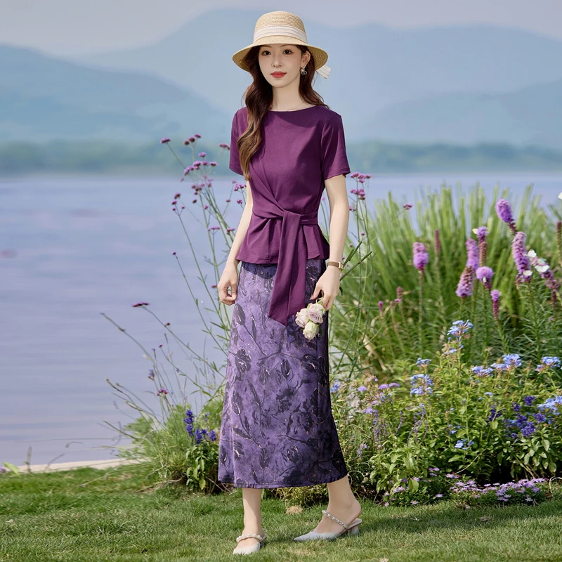 2025夏季新款时尚套装女紫色短袖上衣高腰半身裙两件套一整套穿搭