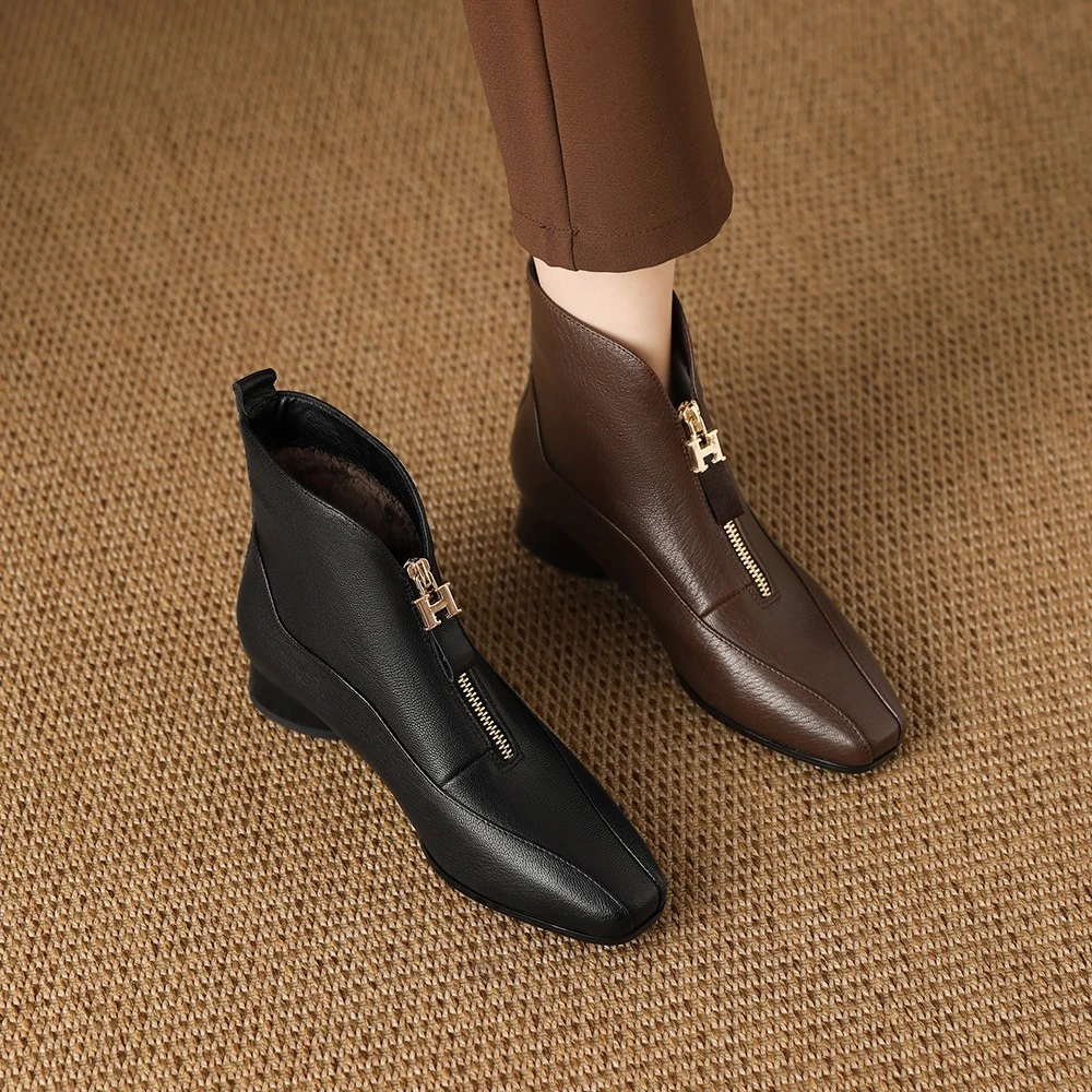 【品牌补贴】新款粗跟冬季方头短靴前拉链牛皮瘦瘦靴百搭时尚女靴子
