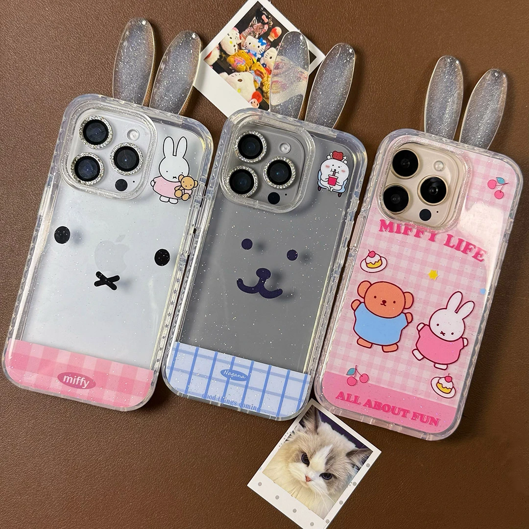 ins兔耳朵爱心气囊圆边适用于苹果16promax手机壳15/14Pro/13新