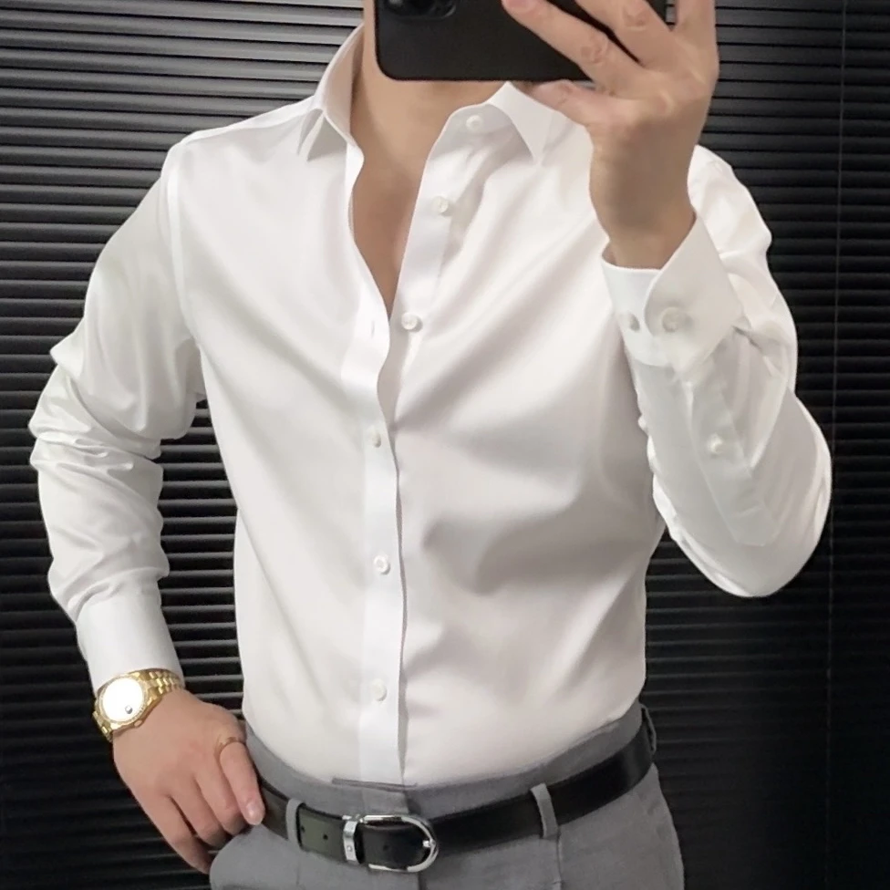 男士（200支纯棉）高端轻奢微弹水晶素色修身长袖衬衫商务休闲纯色