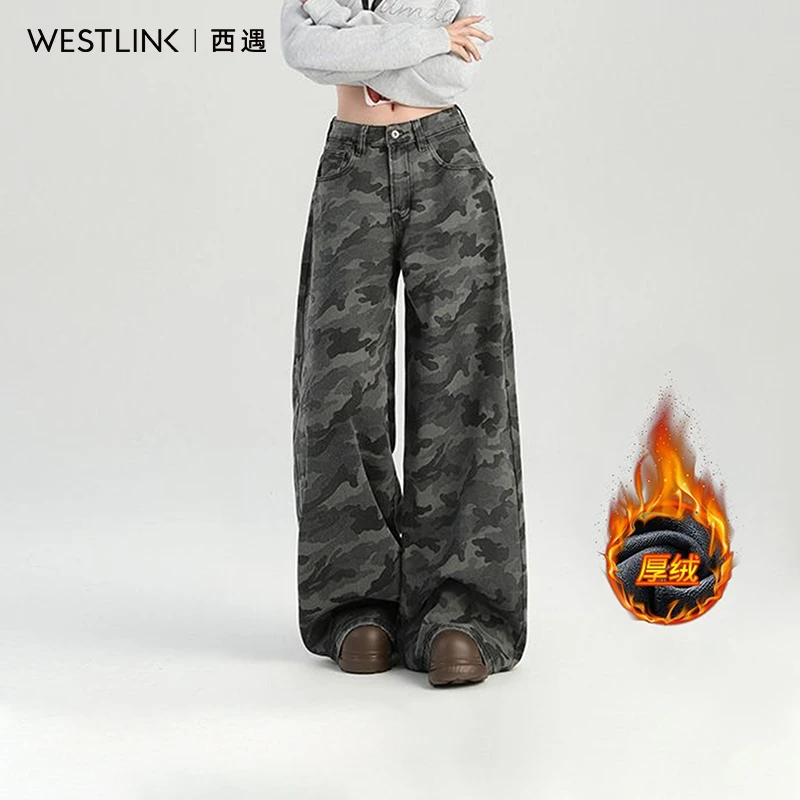 西遇加绒迷彩休闲裤女2025冬季新款高腰阔腿显瘦遮胯加绒裤子