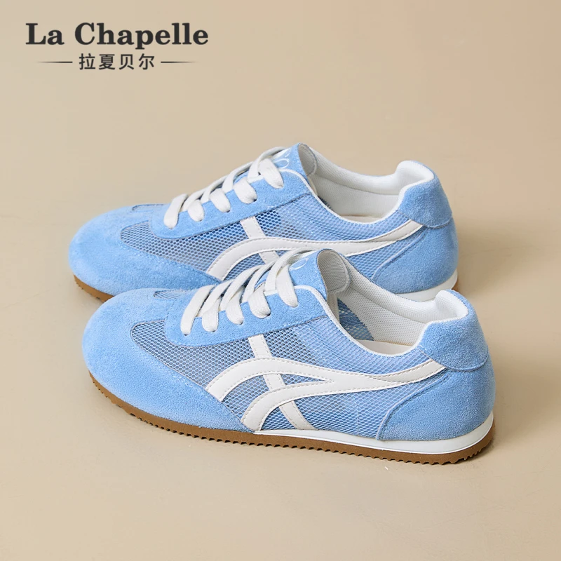 拉夏贝尔网面小白鞋女2025新款夏季蓝色透气薄款运动休闲德训鞋女