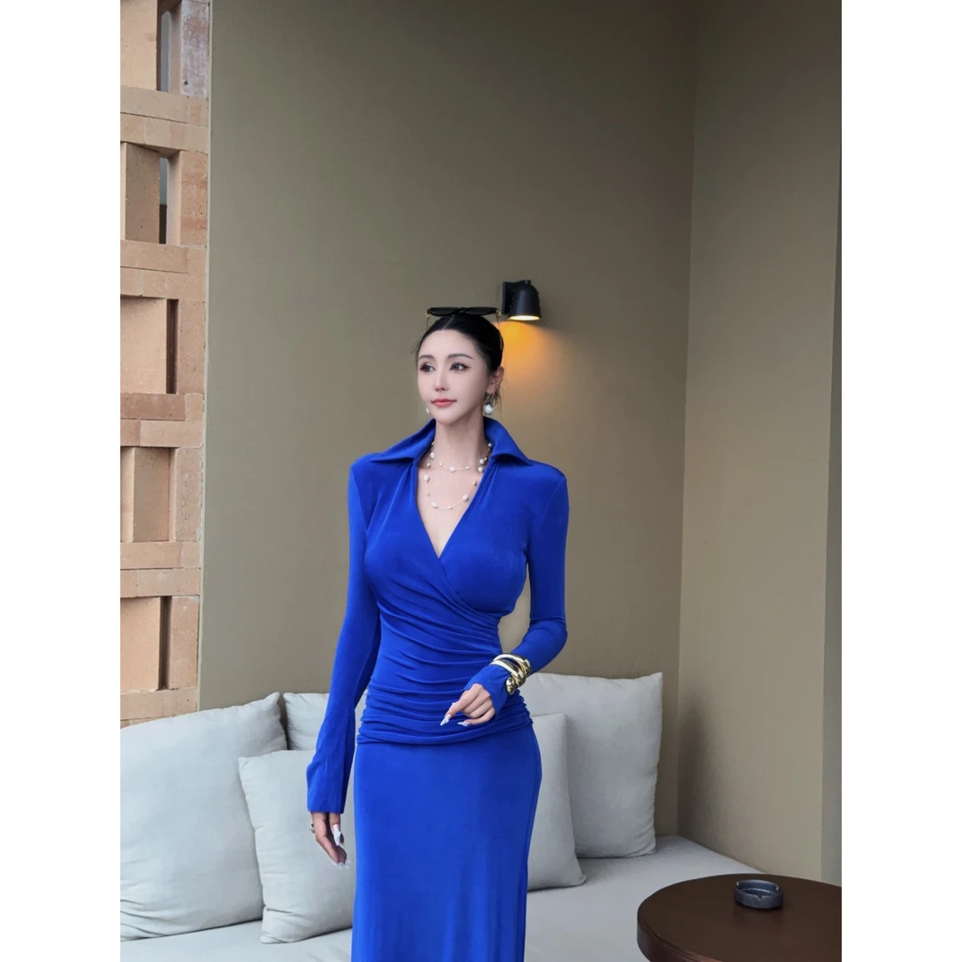 DUOMI【妩媚女神】黑白蓝三色翻领V领褶褶长袖连衣裙