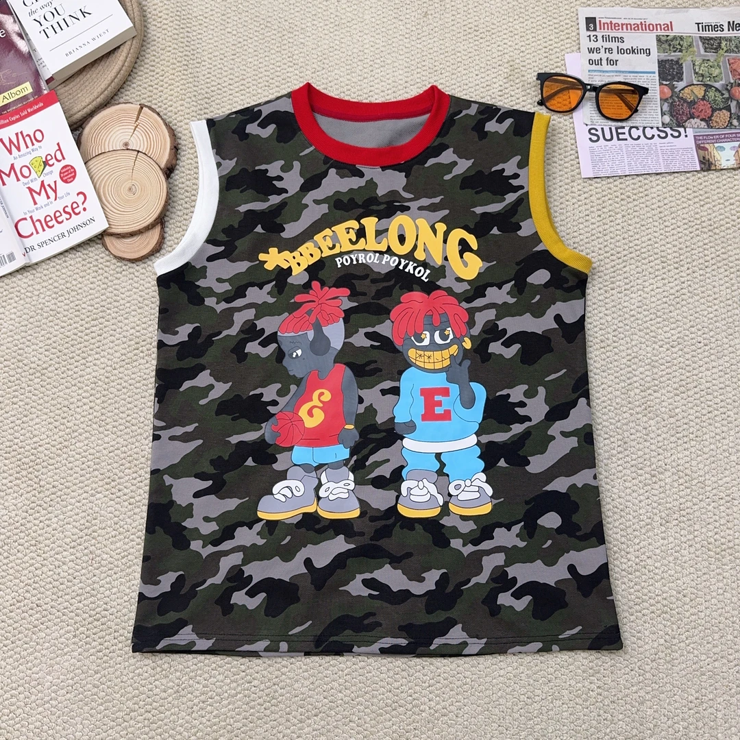 2025夏季新款韩版休闲迷彩宽松卡通印花背心2688