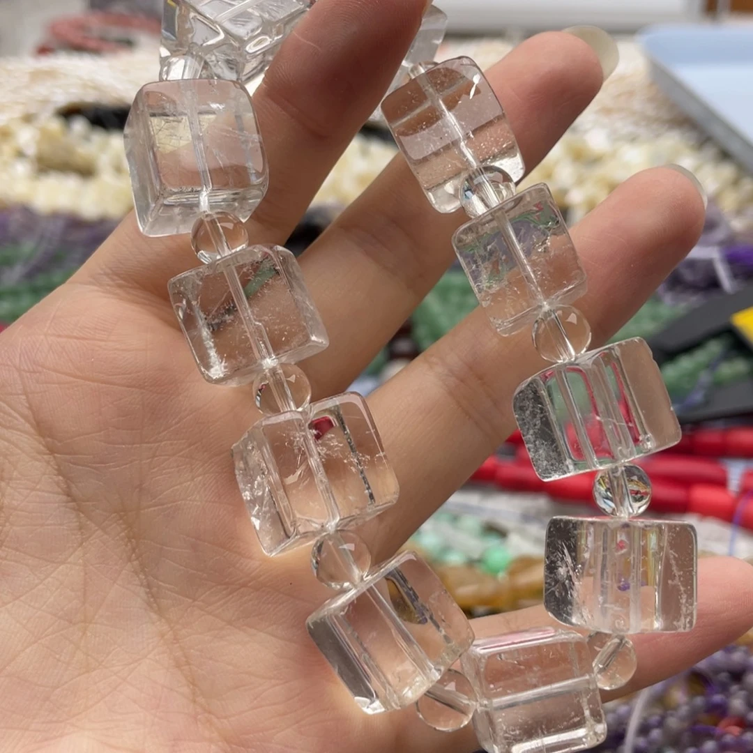 未镶嵌玛瑙/玉髓珠宝半成品一条卡13+透体白水方糖手串