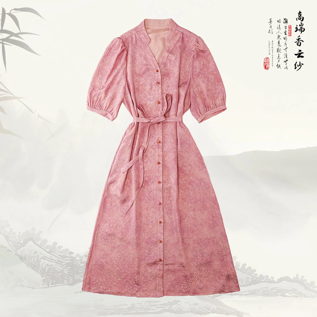 品牌新款桑蚕丝印花V领收腰短袖连衣裙429671