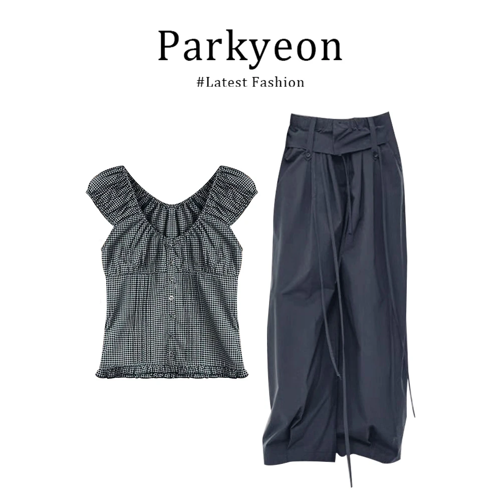 parkyeon夏季韩系格子方领短袖纽扣衬衫t恤高腰时尚休闲裤两件套