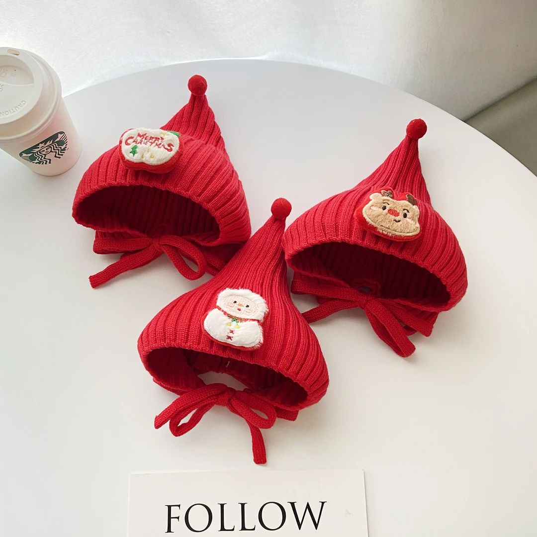 新年圣诞节红色婴儿帽子秋冬款喜庆小月龄男女宝宝护耳帽针织帽