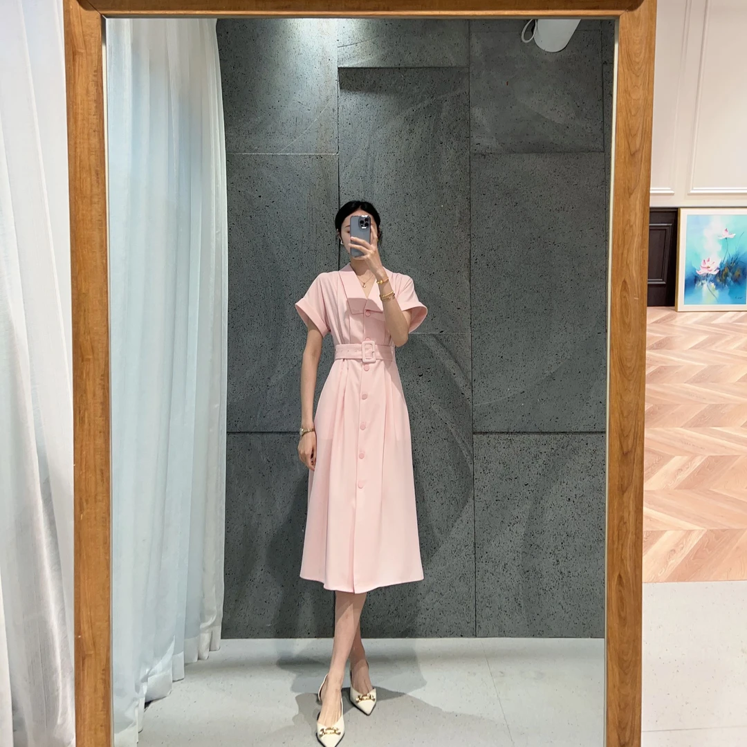 M450【库存勿动】气质时尚粉色翻领连衣裙 裙长111  款号S51482