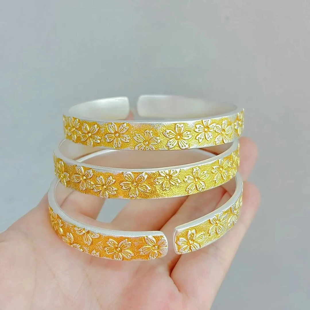 足银手镯 古法描金紫金花手镯女开口梅花送女友闺蜜生日礼物