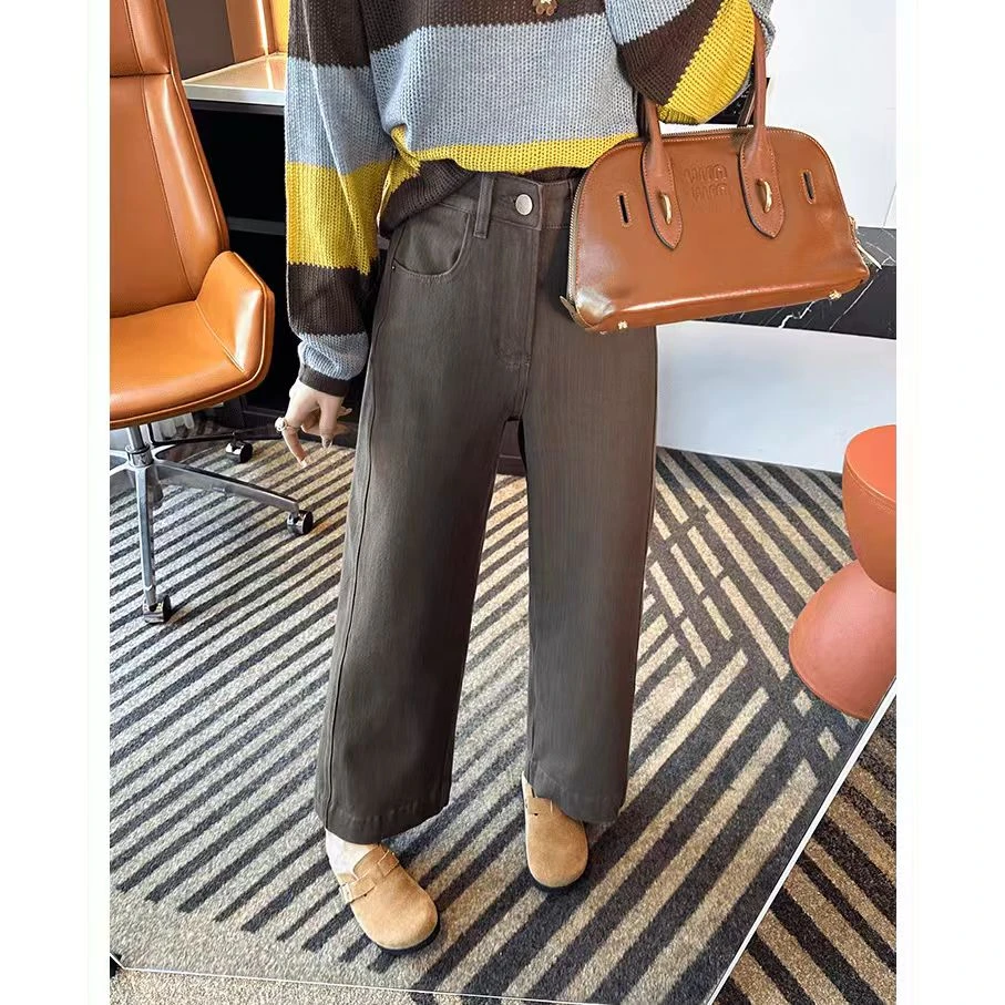 小个子梨形天菜！咖色四面弹阔腿奶奶裤女秋季新款九分直筒牛仔裤