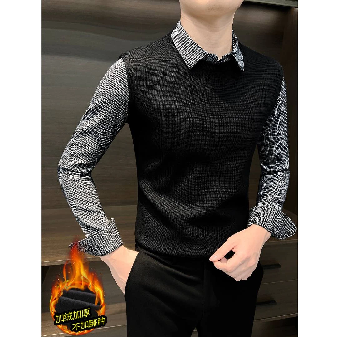 假两件格子衬衫男款爆款2025新款男装长袖男士衬衣秋冬加绒针织衫