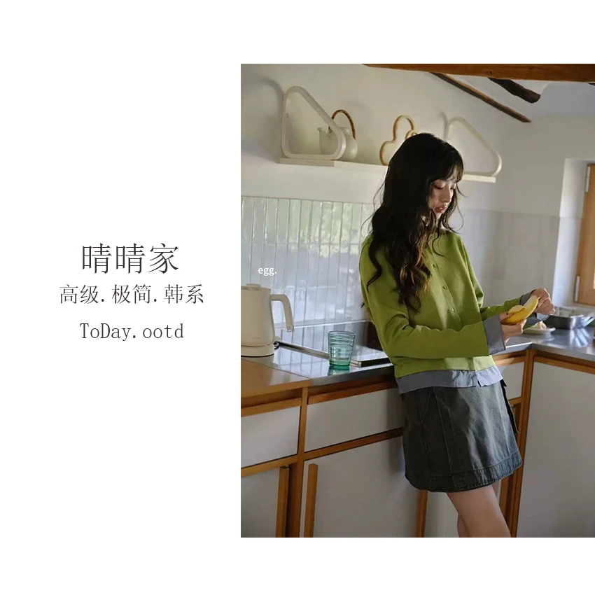 晴晴家-【时髦穿搭】早秋韩系时尚休闲百搭针织显瘦假两件外套2333