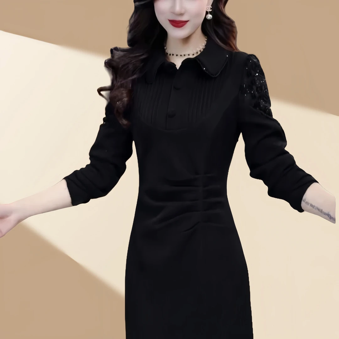 2024秋冬新款时尚气质显瘦设计感镂空中长款加绒百搭打底连衣裙女