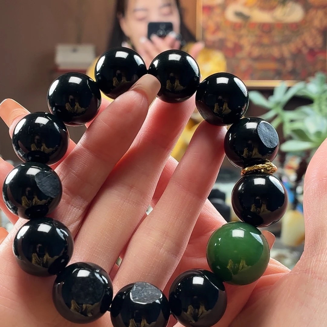 和田玉未镶嵌手串黑青卡18圆珠