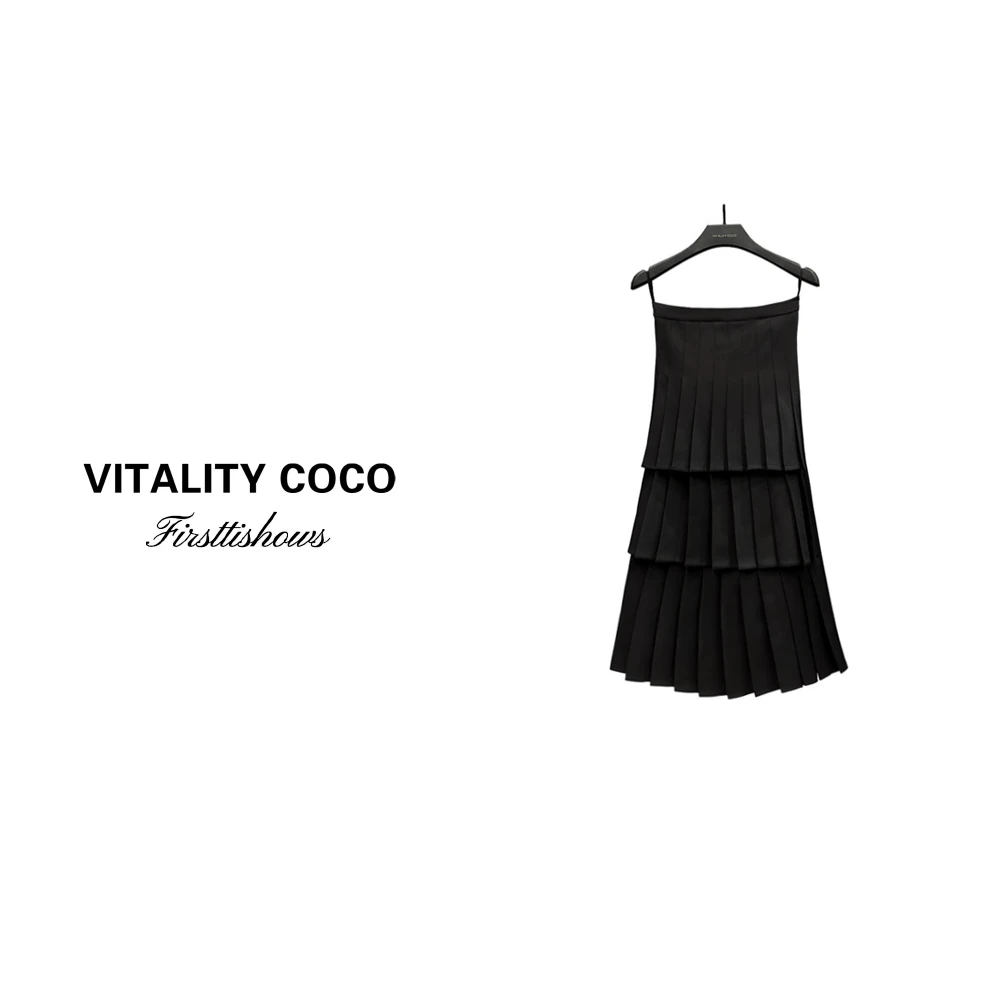 黑色气质“千层艺术"黑百搭包臀蛋糕裙A字裙百褶半身长裙-208