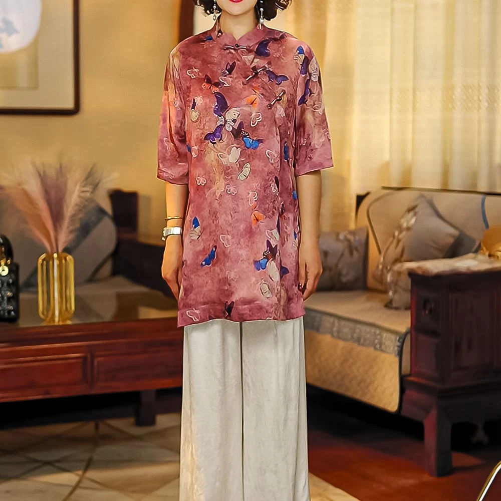 【紫绶萦碟】2025新款香云纱妈妈装中长上衣复古春夏文艺中国风