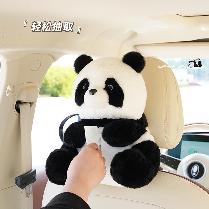 车载毛绒创意可爱卡通熊猫模样挂式车用椅背放置型汽车纸巾抽专用