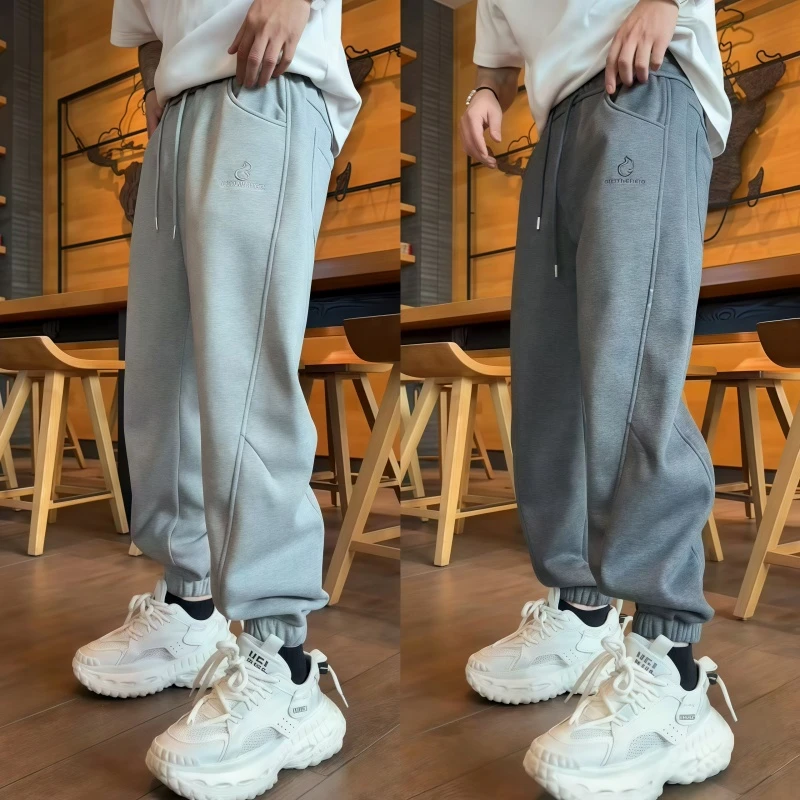 冬季重磅加绒刺绣束脚休闲裤男士高级感磨毛拼接保暖时尚运动卫裤