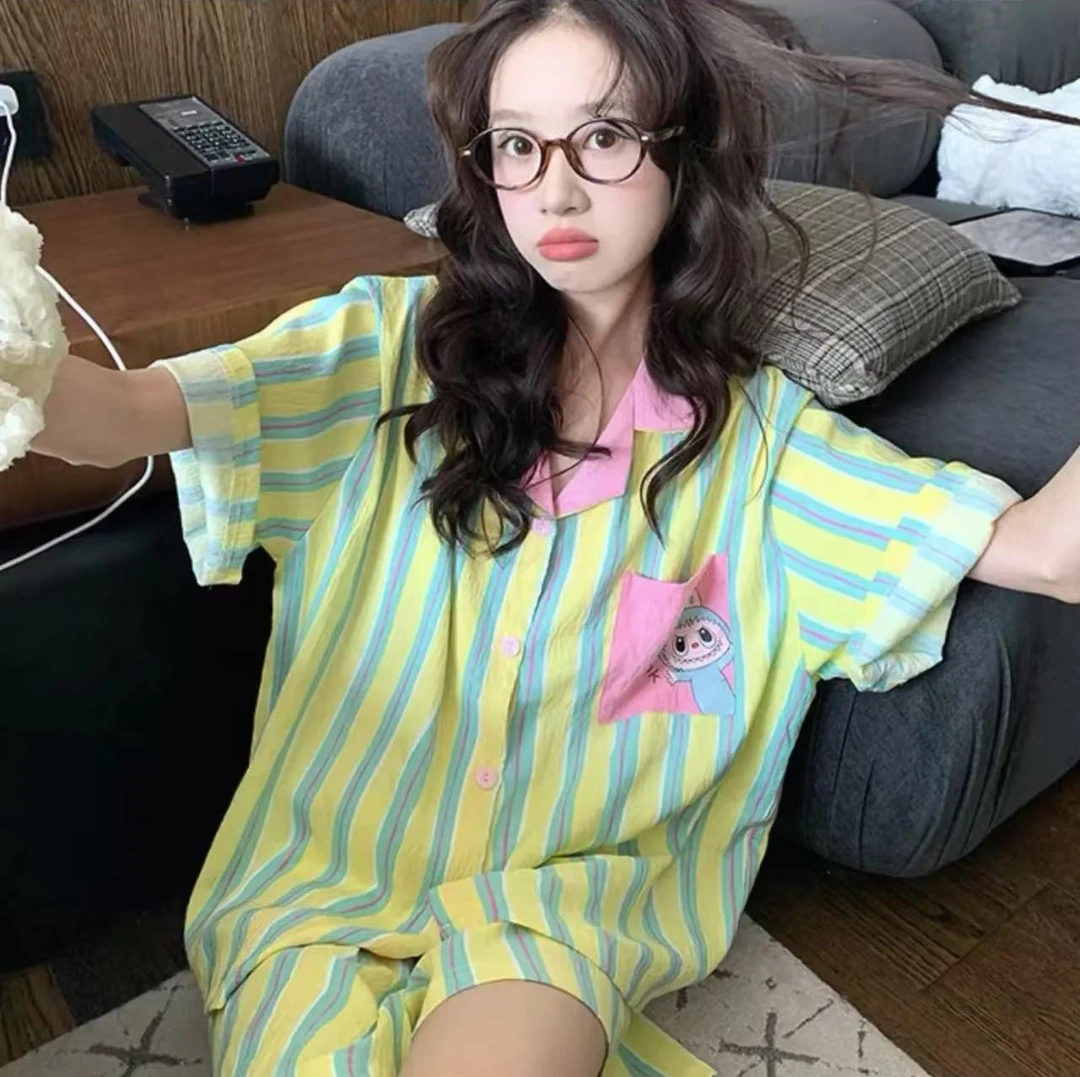 拉bubu2025新款ins夏季薄款甜美卡通睡衣女家居服短袖短裤两件套