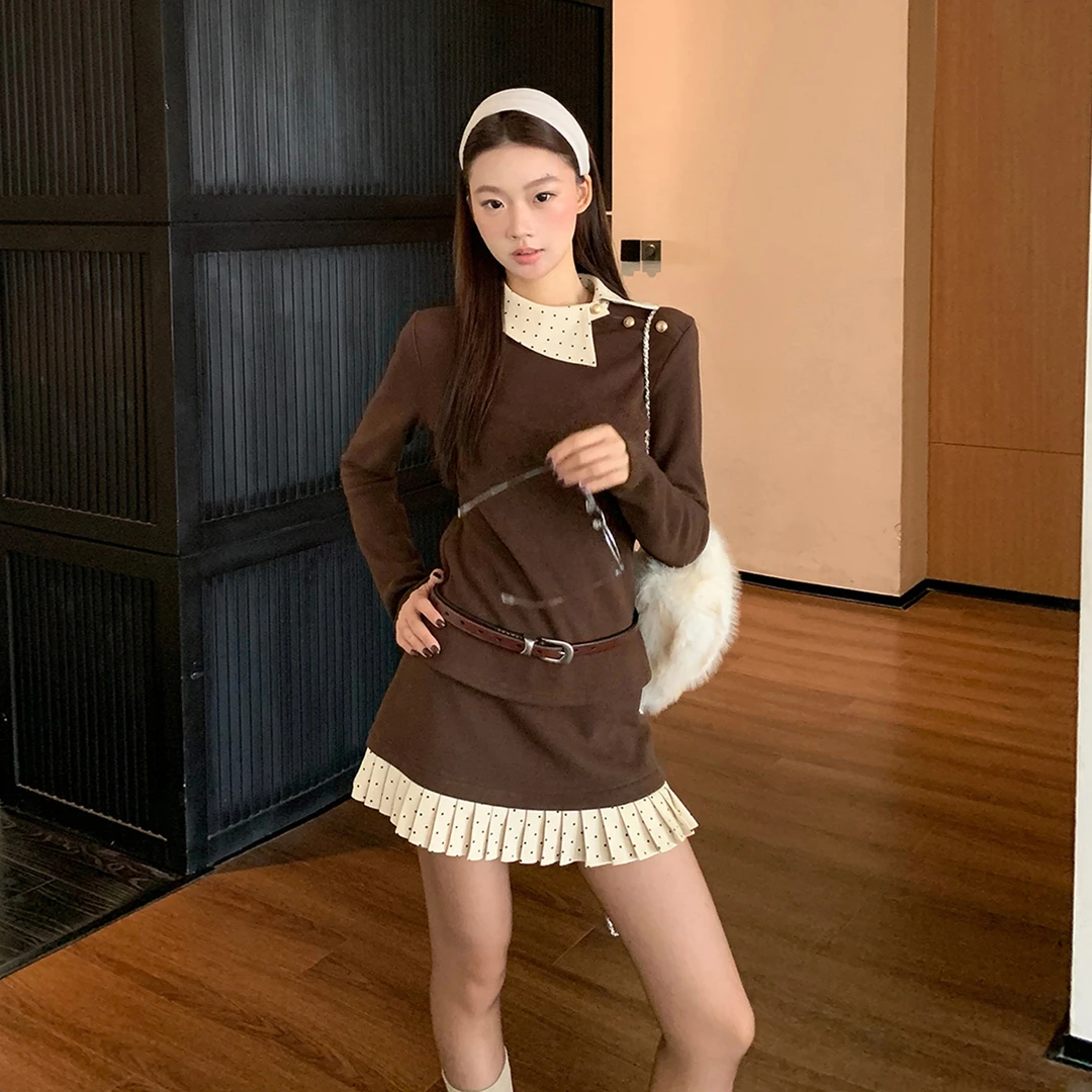 miu系千金风连衣裙子秋冬2025新款波点撞色设计感配大衣短裙套装