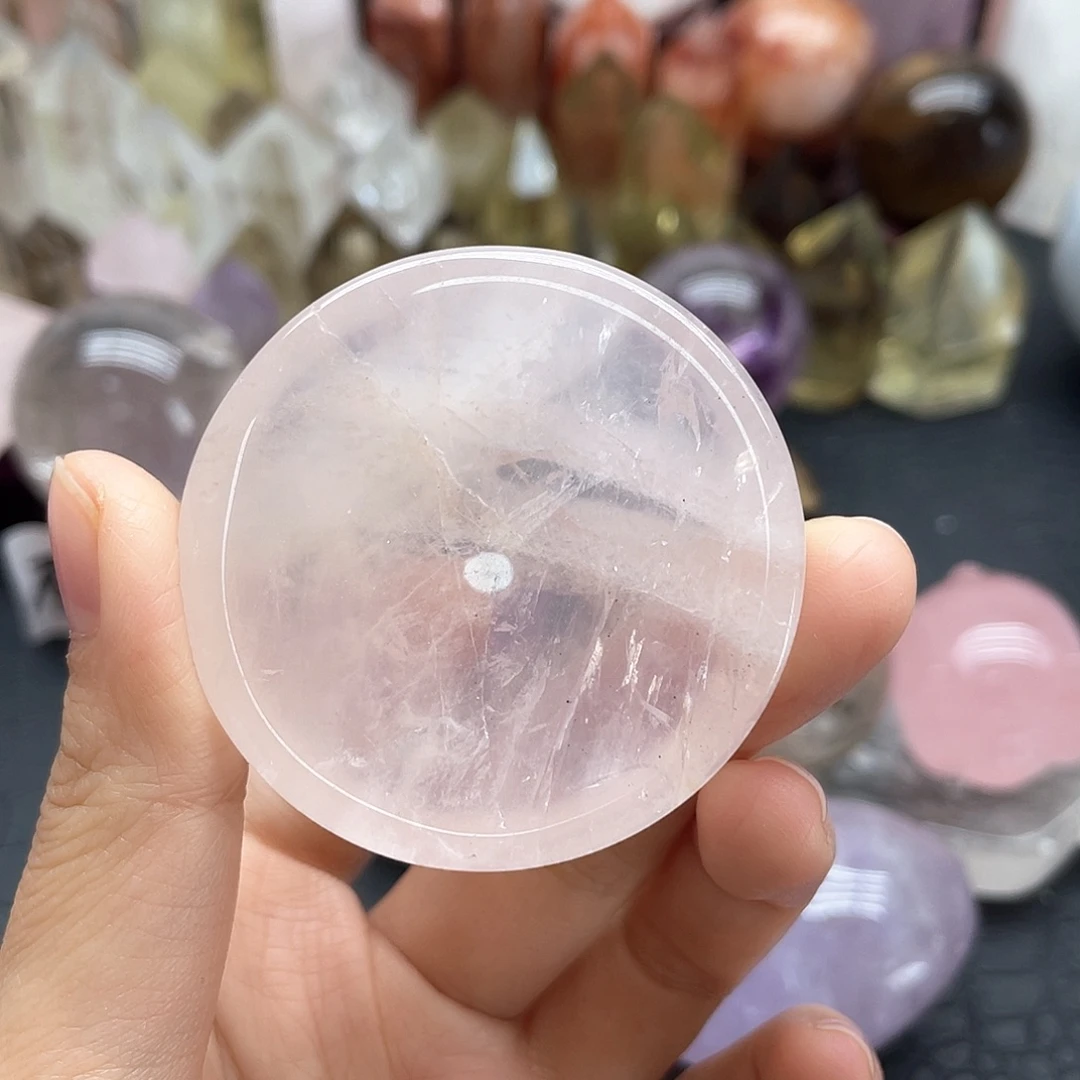 未镶嵌水晶珠宝半成品19粉晶盘放漏直径卡5mm