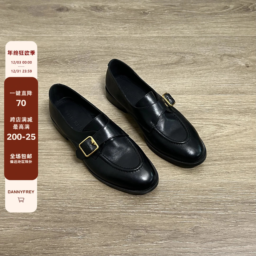 Dannyfrey复古头层小牛皮英伦风百搭皮带扣一脚蹬圆头女乐福鞋2CM