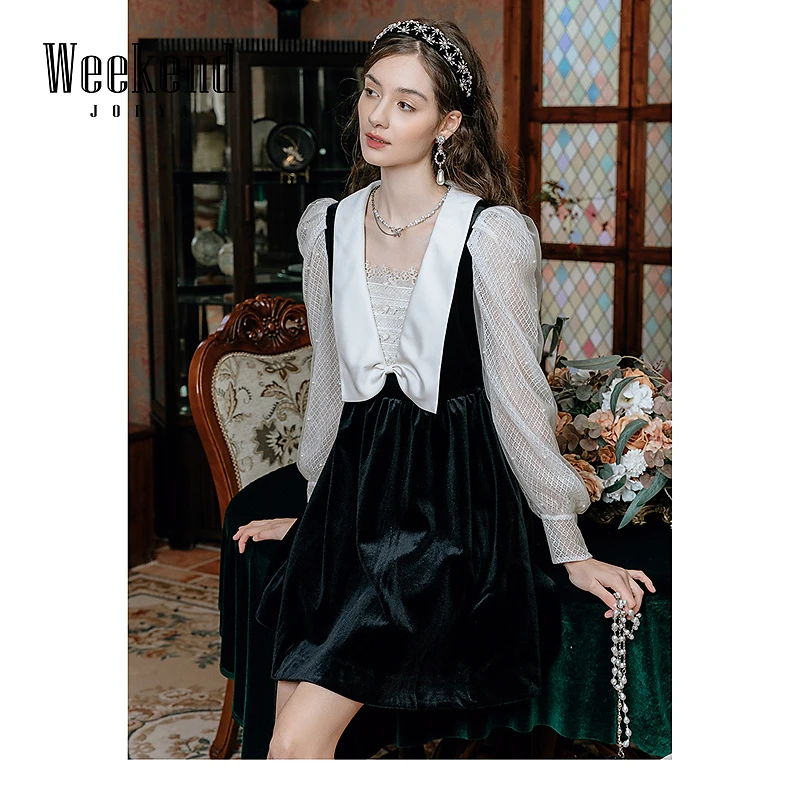 卓雅周末秋优雅蝴蝶结蕾丝拼接丝绒连衣裙EJWCCC01