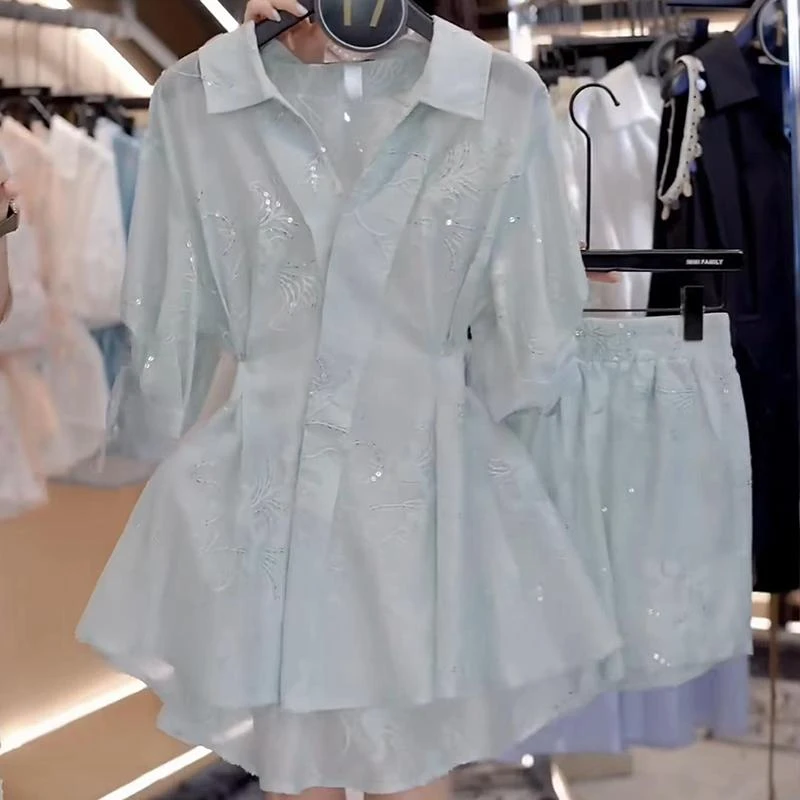 0947减龄气质时尚套装女夏季新款v领收腰短袖衬衫高腰短裤两件套