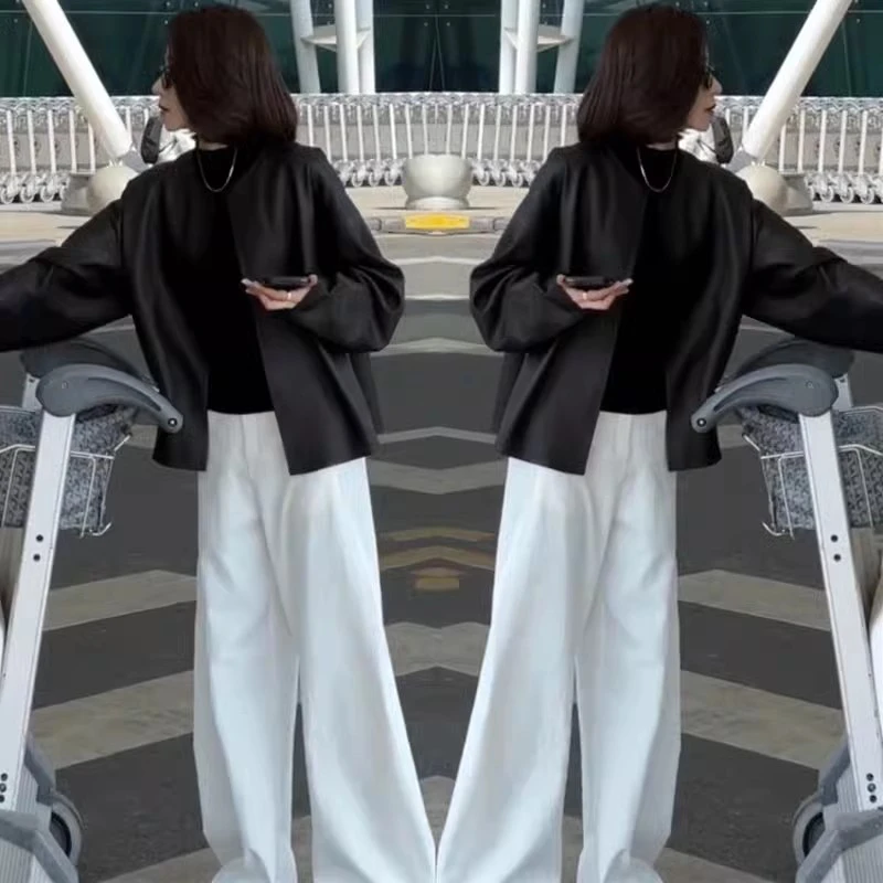 2025早春新款慵懒休闲韩系流行显瘦爆款时尚皮衣+白色裤子套装女